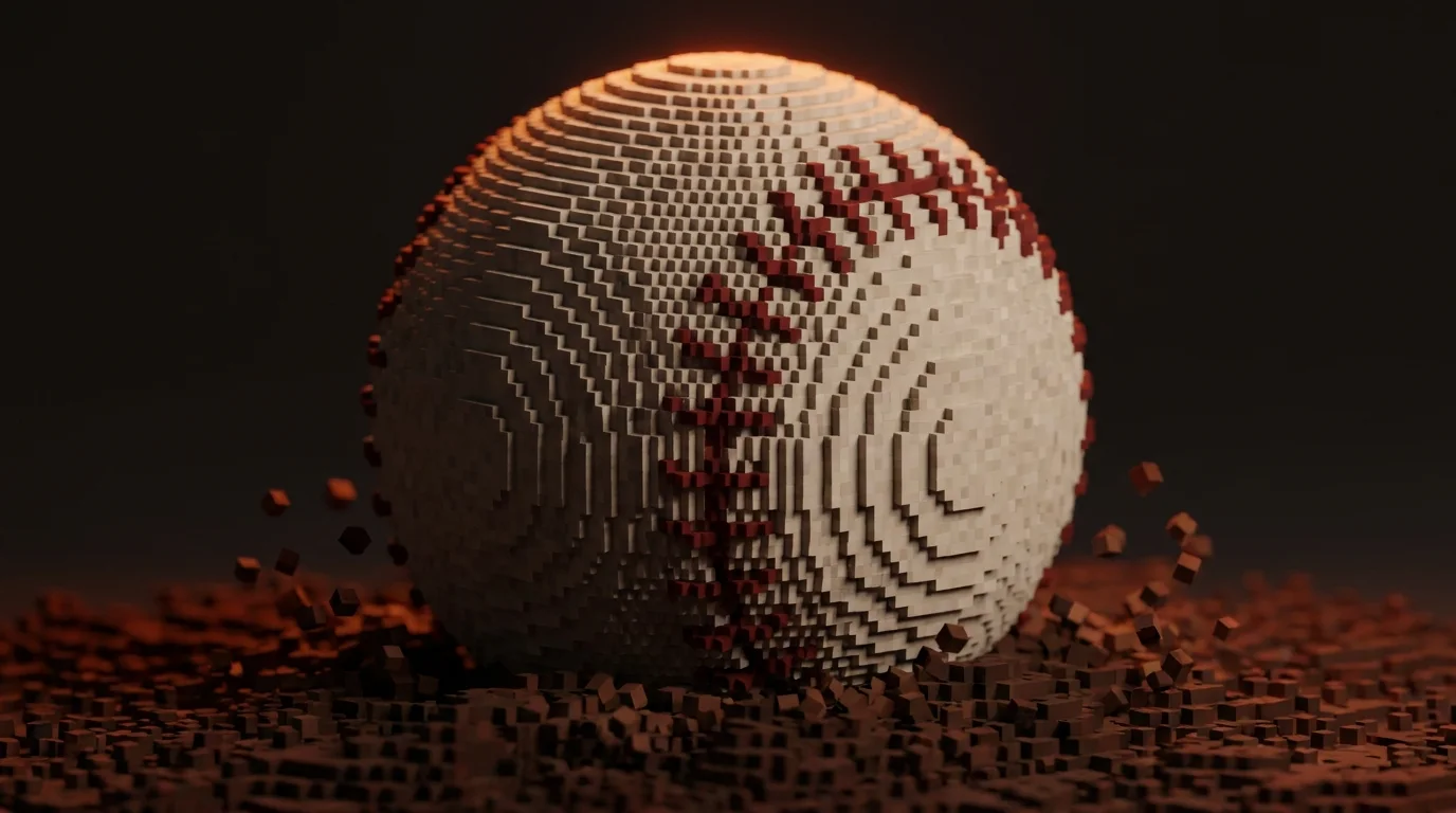 A baseball reimagined as a voxel object — cream cubes with red cube stitching — resting on infield dirt.